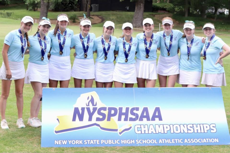 Section V's girls golf team placed third at the NYSPHSAA Championships on Monday, June 6, 2022, at McGregor Links Country Club in Wilton: Julia Zigrossi, Sophia Cellura, Harper Dittman, Caitlin Keenan, Emily Ferguson, Riley Stuver, Mackensie Daniel, Kiera Lalley, Marisa Eichas.