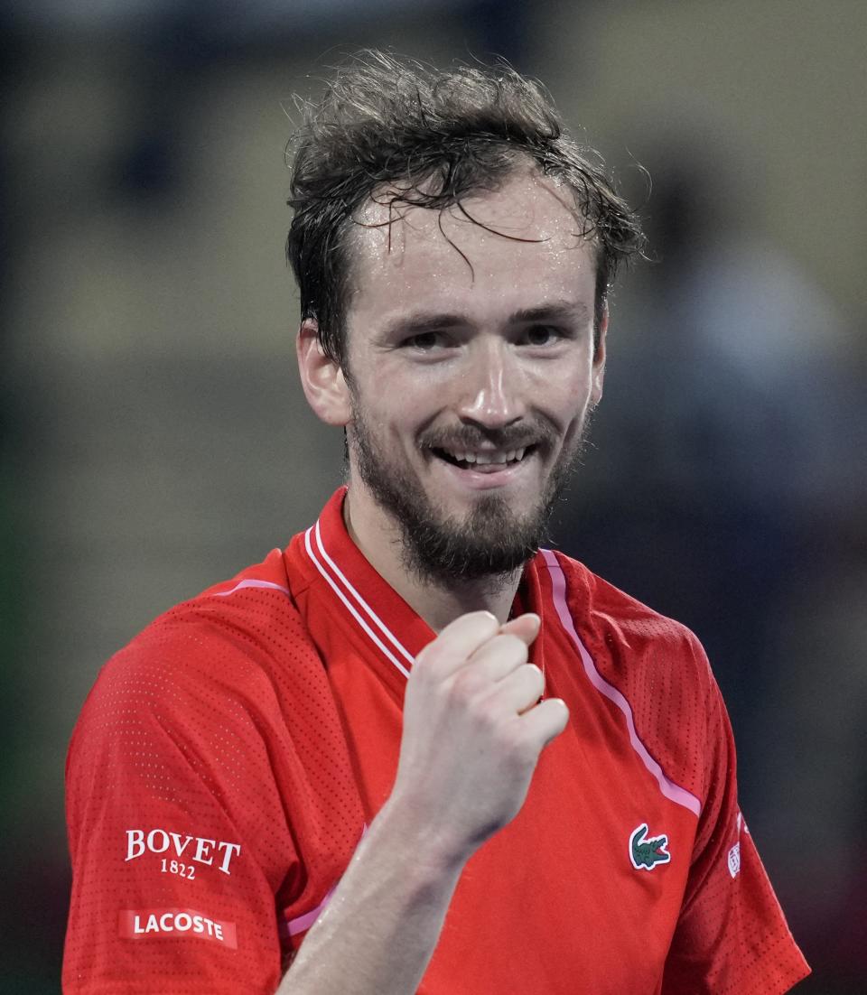 Daniil Medvedev reacts after he got a point against Serbia's Novak Djokovic during their semi final match of the Dubai Duty Free Tennis Championships in Dubai, United Arab Emirates, Friday, March 2, 2023. (AP Photo/Kamran Jebreili)