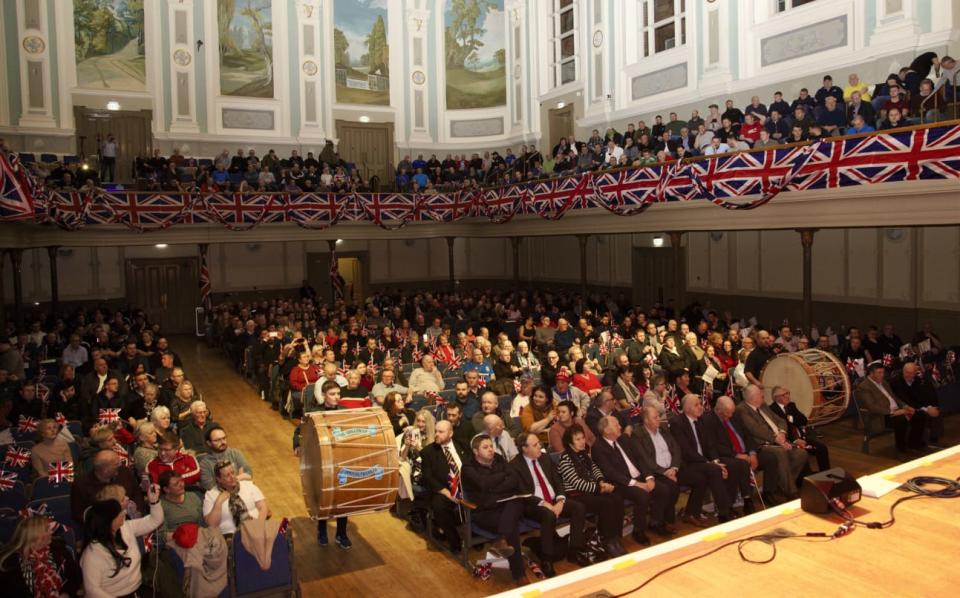 Crowds attend a rally in opposition to Boris Johnson’s Brexit deal at the Ulster Hall on Friday (Forgotten Voices media group/PA)