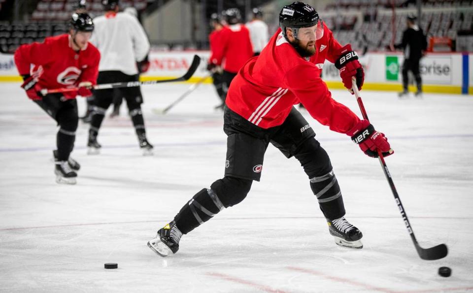 Carolina Hurricanes’ Derek Stepan (18) works out during practice on Friday, May 13, 2022 as they prepare for game seven in the Stanley Cup first round series against Boston at PNC Arena in Raleigh, N.C.