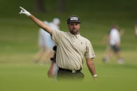 Bubba Watson reacts to his shot on the 16th hole during the second round of the PGA Championship golf tournament at Southern Hills Country Club, Friday, May 20, 2022, in Tulsa, Okla. (AP Photo/Eric Gay)