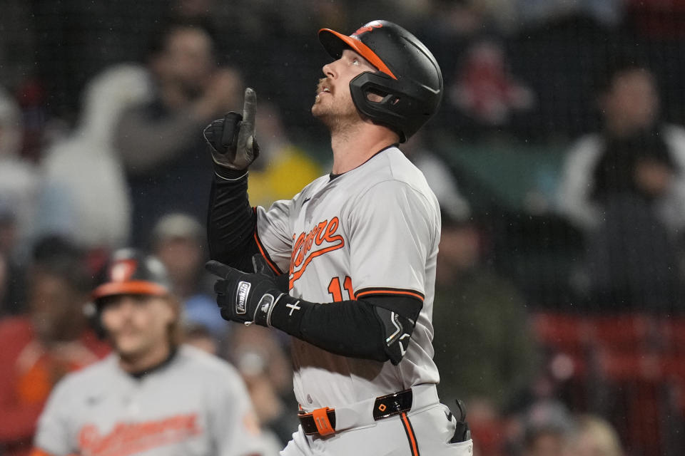 Baltimore Orioles' Jordan Westburg celebrates after his three-run home run in the seventh inning of a baseball game against the Boston Red Sox, Wednesday, April 10, 2024, in Boston. (AP Photo/Charles Krupa)