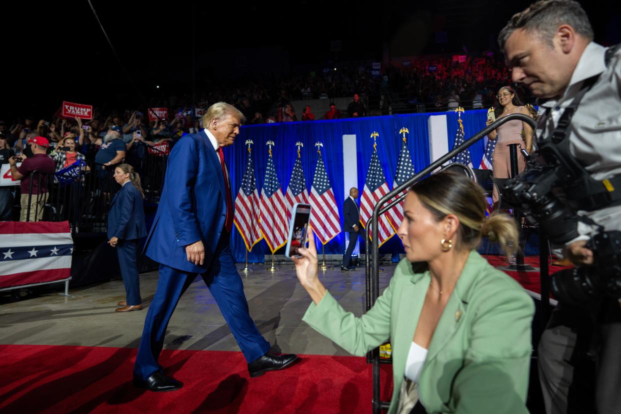 Former President Donald Trump makes a campaign appearance Thursday, August 29, 2024 at the La Crosse Center in La Crosse Wisconsin., Wisconsin. The town hall format was hosted by former Democratic congresswoman Tulsi Gabbard.