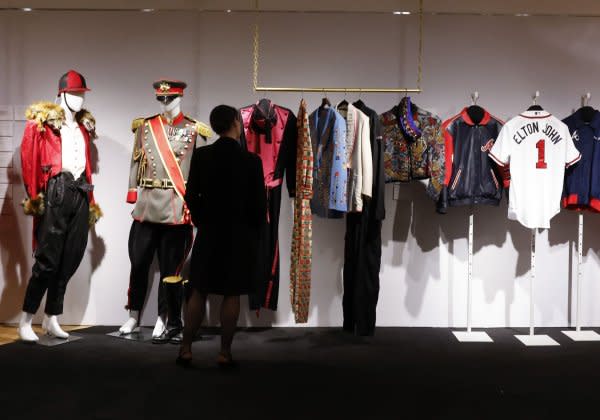 Fashion and touring costumes are on display and will be sold at auction as part of The Collection of Sir Elton John Goodbye Peachtree Road at Christie's in New York City. Photo by John Angelillo/UPI