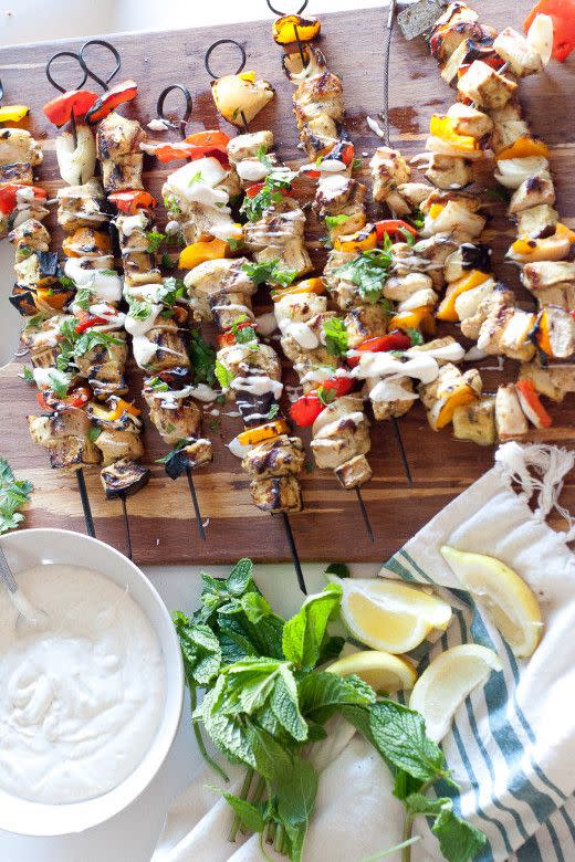 Chicken & Eggplant Kebabs With Tahini Yogurt Sauce