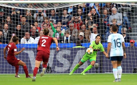 Goalkeeper Vanina Correa drew plenty of praise for her performance against England, including saving Nikita Parris' penalty - Credit: GETTY IMAGES