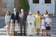 <p>Letizia, Felipe, Juan Carlos, Leonor, and Sofia stood for a photo at the 2011 World Youth Day, which holds youth-oriented events for members of the Catholic church.</p>