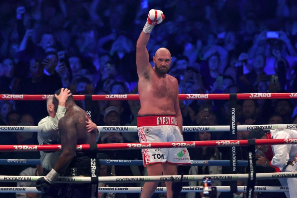 Fury celebrates his stoppage win over Dillian Whyte in 2022 (AP)