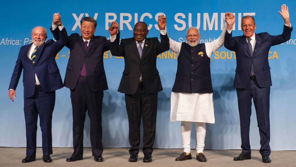 Brazil's President Luiz Inacio Lula da Silva, Chinese leader Xi Jinping, South African President Cyril Ramaphosa, Indian Prime Minister Narendra Modi and Russia's Foreign Minister Sergei Lavrov at the BRICS Summit in Johannesburg this August.  - Alet Pretorius/Pool/AFP/Getty Images