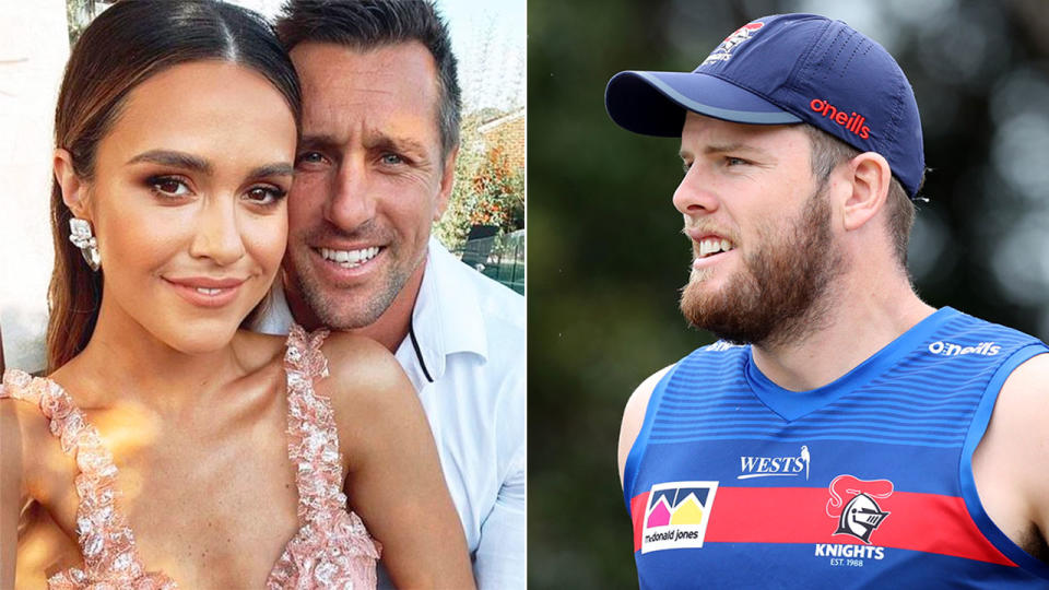 Lachlan Fitzgibbon is pictured right alongside a photo of Mitchell Pearce with partner Kristin Scott.