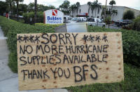 <p>A sign warns potential shoppers preparing for Hurricane Irma that Builders FirstSource in Riviera Beach, Fla., has ‘no more hurricane supplies available’ Tuesday, Sept. 5, 2017. (Photo: Bruce R. Bennett/The Palm Beach Post via ZUMA Wire) </p>