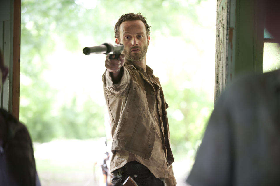 In this publicity photo released by AMC, Andrew Lincoln as Rick Grimes is shown in a scene from "The Walking Dead." (AP Photo/AMC, Gene Page)