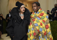 Rihanna, left, and A$AP Rocky attend The Metropolitan Museum of Art's Costume Institute benefit gala celebrating the opening of the "In America: A Lexicon of Fashion" exhibition on Monday, Sept. 13, 2021, in New York. (Photo by Evan Agostini/Invision/AP)