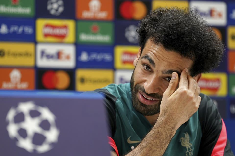 Liverpool's Mohamed Salah during a press conference ahead of the Champions League final at the training centre in Liverpool, England, Wednesday, May 25, 2022. Liverpool will face Real Madrid in the Champions League final in Paris, France, on Saturday May 28,2022.(AP Photo/Jon Super)