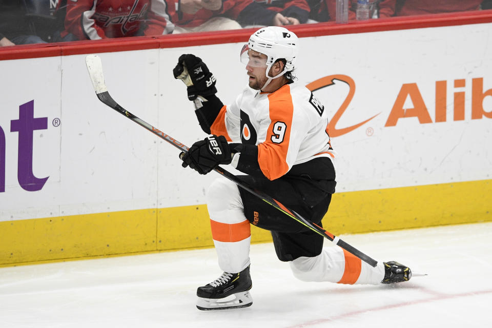 Philadelphia Flyers defenseman Ivan Provorov (9), of Russia, celebrates his goal during the third period of the team's NHL hockey game against the Washington Capitals, Wednesday, March 4, 2020, in Washington. The Flyers won 5-2. (AP Photo/Nick Wass)