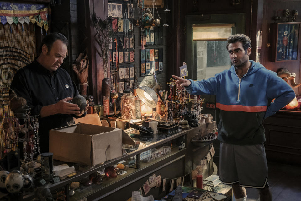 This image released by Columbia Pictures shows Dan Aykroyd, left, and Kumail Nanjiani in a scene from "Ghostbusters: Frozen Empire." (Jaap Buitendijk/Columbia Pictures/Sony via AP)