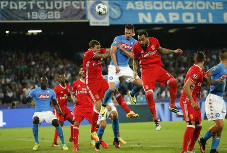 Football - Soccer - Napoli v Benfica - UEFA Champions League Group Stage - Group B - San Paolo Stadium, Naples, Italy - 28/09/2016. Napoli's Arkadiusz Milik in action against Benfica's Konstantinos Mitroglou. REUTERS / Ciro De Luca