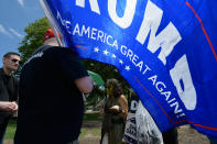 <p>Trump supporters and anti-Trump protesters engage for a brief moment at the end of the “March for Truth” in Philadelphia, Pa., on June 3, 2017. (Photo: Bastiaan Slabbers/NurPhoto via Getty Images) </p>