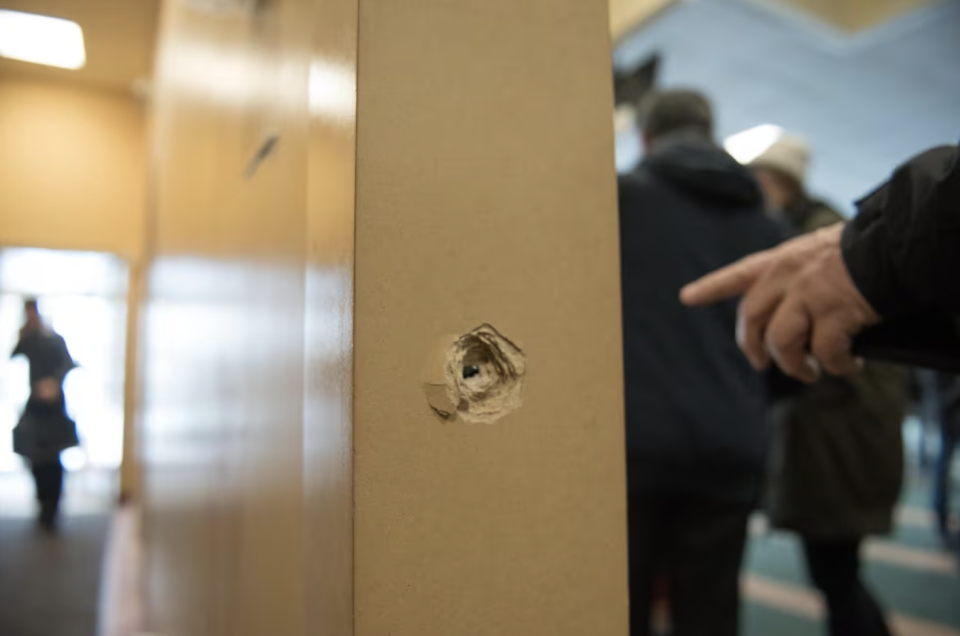 A bullet was lodged in a column inside the Quebec City mosque where six people were shot and killed. (Alice Cliche/Radio-Canada)