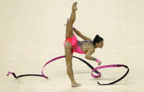 LONDON, ENGLAND - JANUARY 18: Dora Vass of Hungary in action in the Individual All-Around Final during the FIG Rhythmic Gymnastics at North Greenwich Arena on January 18, 2012 in London, England. (Photo by Ian Walton/Getty Images)