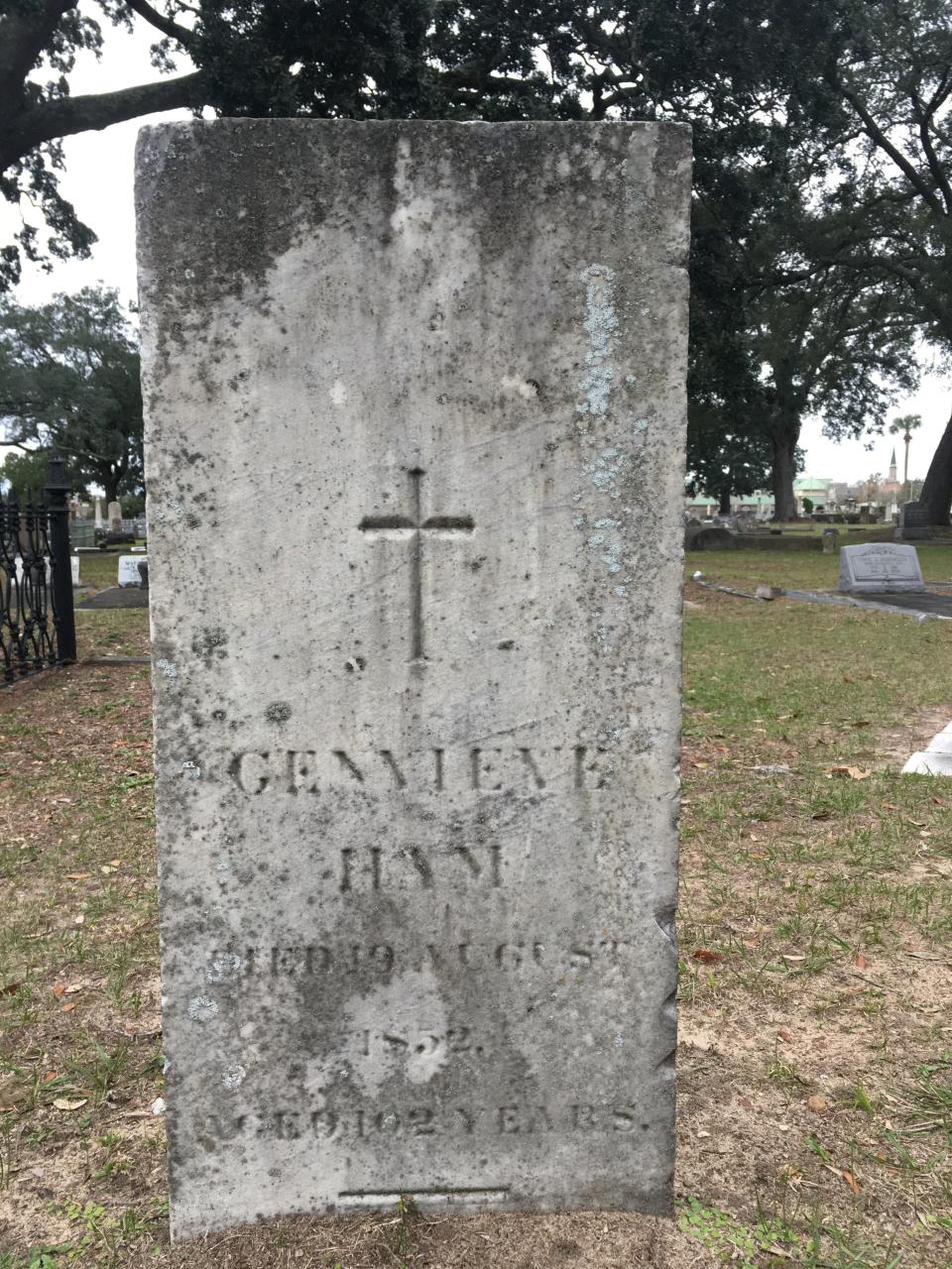 Genevieve Ham, longtime inhabitant of Pensacola, died on Aug. 19, 1852. She was born in Mobile, Alabama, between 1750 and 1770. Census records indicate her age was 82 at the time of her death. Her tombstone, however, notes she was 102 years old when she passed away.