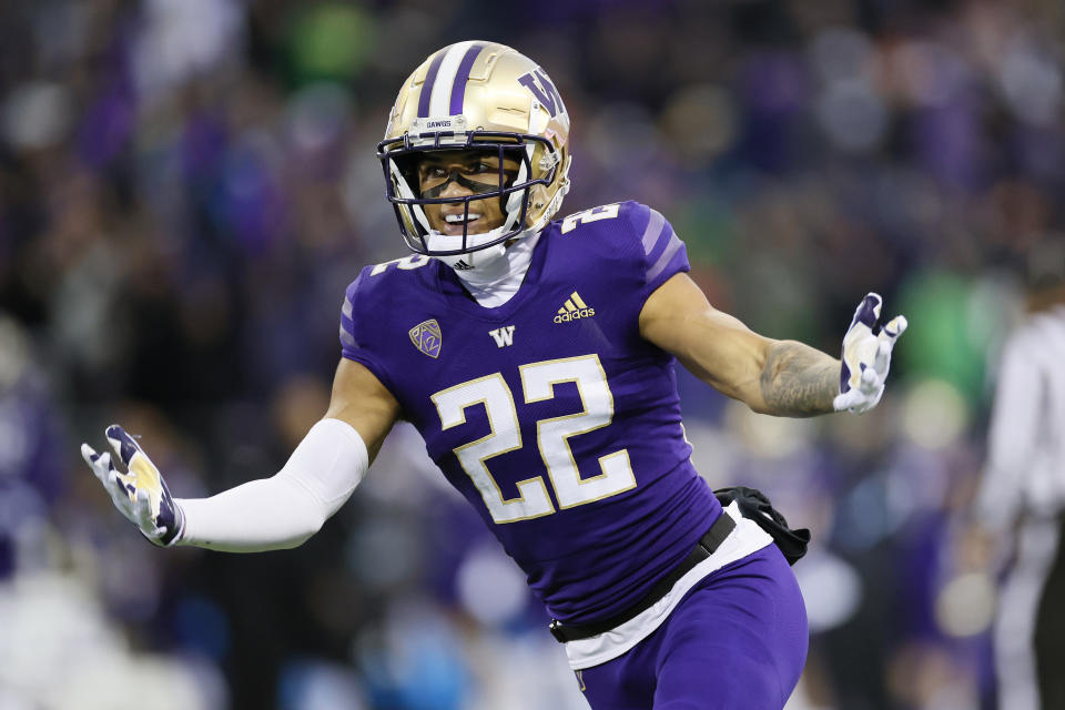 Washington CB Trent McDuffie celebrates a safety against Oregon in 2021. (Photo by Steph Chambers/Getty Images)