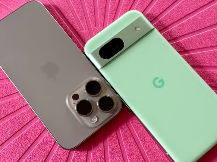 iPhone 15 Pro (left) and Google Pixel 8a camera modules.