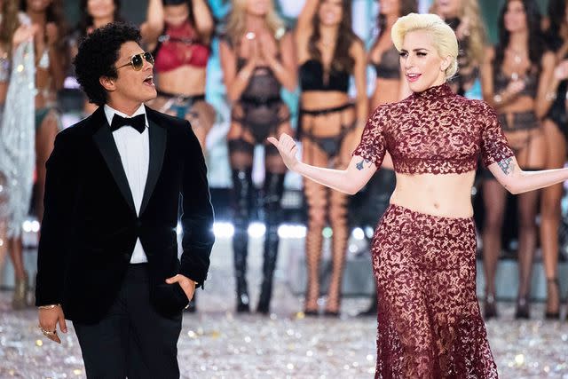 <p>Francois G. Durand/WireImage</p> Bruno Mars and Lady Gaga walk the runway at the Victoria's Secret Fashion Show on November 30, 2016 in Paris, France