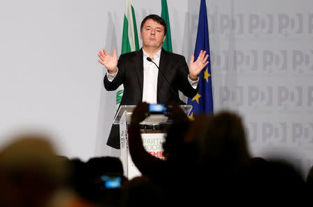 Former Italian Prime Minister Matteo Renzi gestures as he talks during a meeting of Democratic Party (PD) in Rome, Italy February 19, 2017. REUTERS/Remo Casilli