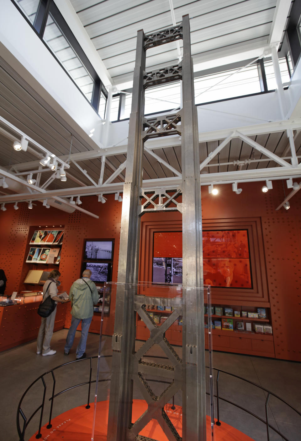 In this photo taken Thursday, May 24, 2012, a 1/56 scale test tower of the Golden Gate Bridge is shown inside the new Bridge Pavilion visitor center in San Francisco. The new pavilion recently opened for the 75th anniversary of the Golden Gate Bridge and is free to visit. (AP Photo/Eric Risberg)