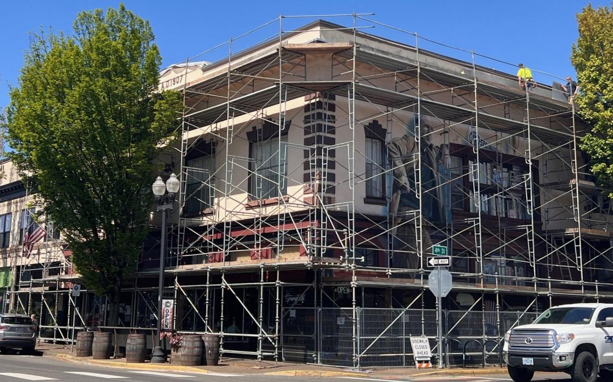 The Independent Order of Odd Fellows building on Main Street in Springfield is getting façade improvements to update deteriorating elements such as trims and to provide exterior touch-ups.