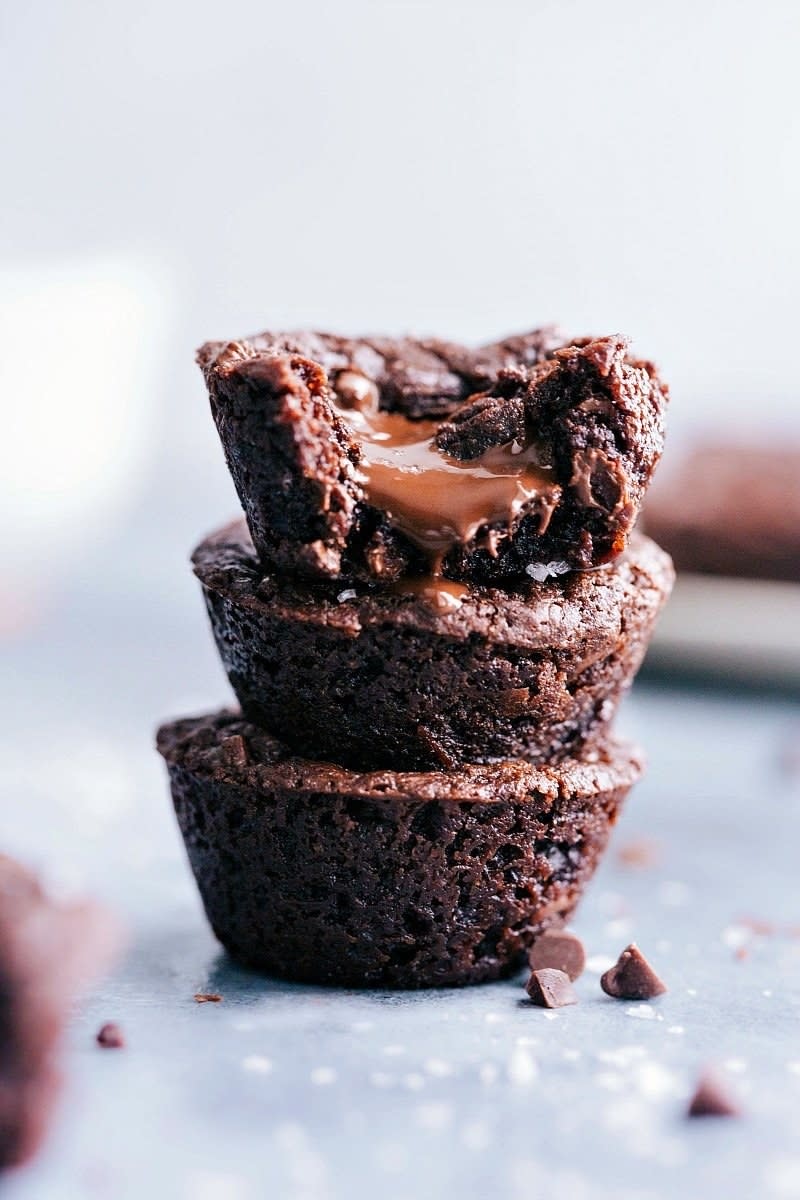 Stacked molten lava brownie bites.