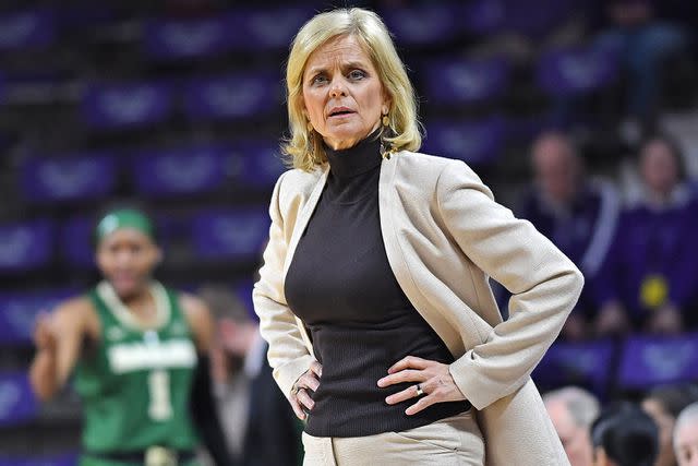 Peter G. Aiken/Getty Head coach Kim Mulkey of the Baylor Bears reacts after a foul call against the Bears during the first half against the Kansas State Wildcats on February 13, 2019 at Bramlage Coliseum in Manhattan, Kansas.