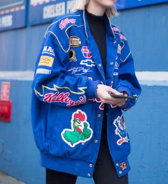 oversized jacket with a kellogg's patch