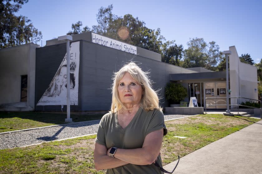 San Pedro, CA - September 20: Jan Bunker, shown in front of the Los Angeles Harbor Animal Shelter, has worked for three years at the LA Harbor Animal Shelter. She alleges that the department has no system to oversee the feeding and care of small mammals such as rabbits and guinea pigs, leaving that care to the volunteers. She said that she has come into the shelter to find the animals lacking food and water. She also said that volunteers are forced to buy food sometimes because the shelter runs out of food. She is the latest volunteer to allege inhumane treatment of the animals. Photo taken at LA Harbor Animal Shelter, San Pedro, CA on Tuesday, Sept. 20, 2022. (Allen J. Schaben / Los Angeles Times)