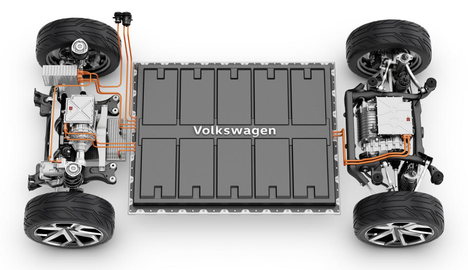 A view of the MEB "platform" from above, showing 2 electric motors and a big battery pack. 