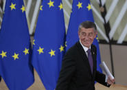 Czech Republic's Prime Minister Andrej Babis arrives for an EU summit at the European Council building in Brussels, Thursday, Feb. 20, 2020. After almost two years of sparring, the EU will be discussing the bloc's budget to work out Europe's spending plans for the next seven years. (AP Photo/Virginia Mayo)