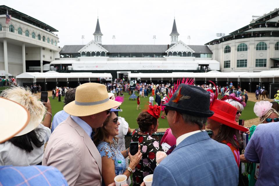 Guests overlook the Paddock on Derby Day on Saturday, May 6, 2023, at Churchill Downs in Louisville, Kentucky. 