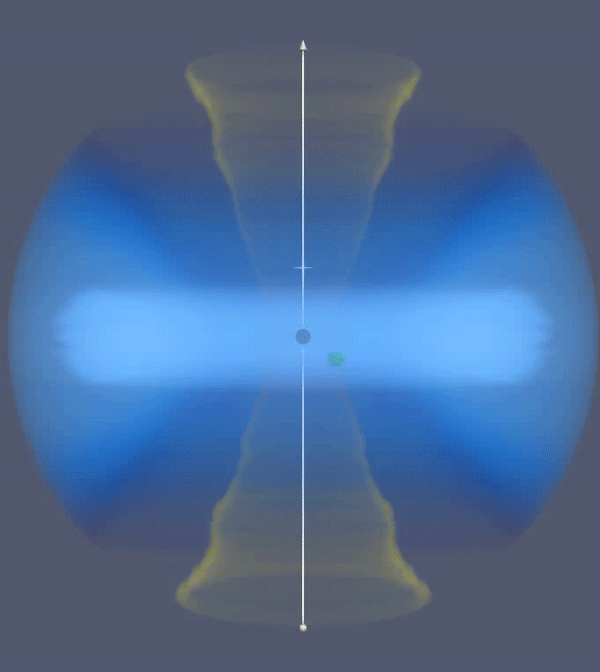 A computer simulation of an intermediate-mass black hole orbiting a supermassive black hole, driving periodic gas plumes that could explain new developments 