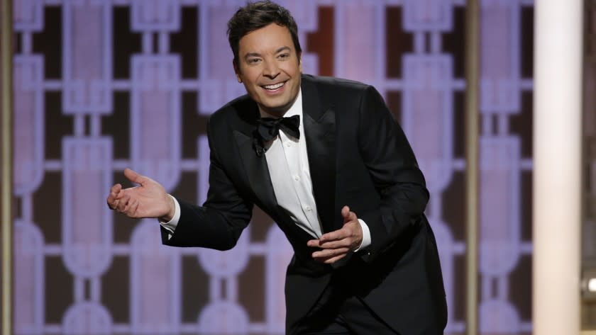 Jimmy Fallon, shown hosting the 2017 Golden Globes, was one of the late-night hosts sending up Ivanka Trump on Wednesday. <span class="copyright">(Paul Drinkwater / NBC)</span>