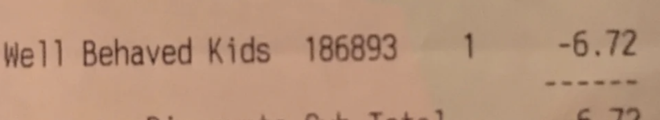 Receipt showing a discount line item for "Well Behaved Kids," with a total savings of $5.72