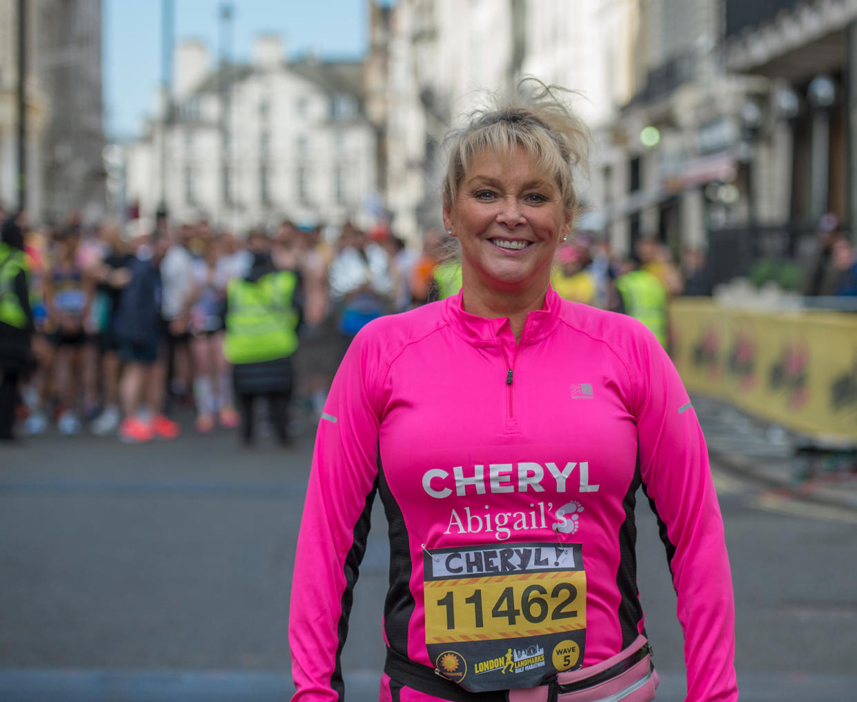 Cheryl Baker at the start line photocall of the London Landmarks Half Marathon 2019. Credit: Malcolm Park/Alamy Live News.