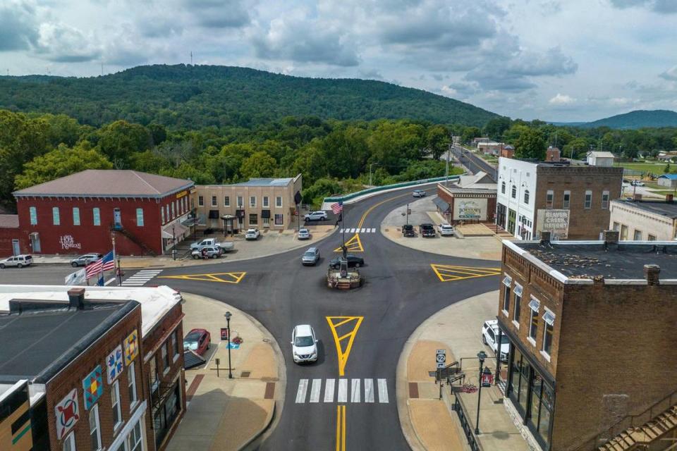 The Spirit of the American Doughboy, a statue by E. M. Viquesney, stands in downtown Monticello, Ky., on Wednesday, Aug. 9, 2023.