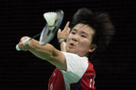 China's He Bing Jiao returns a shot from Indonesia's Ester Nurumi Tri Wardoyo in the final of the Uber Cup held in Chengdu in southwestern China's Sichuan Province, Sunday, May 5, 2024. (AP Photo/Ng Han Guan)