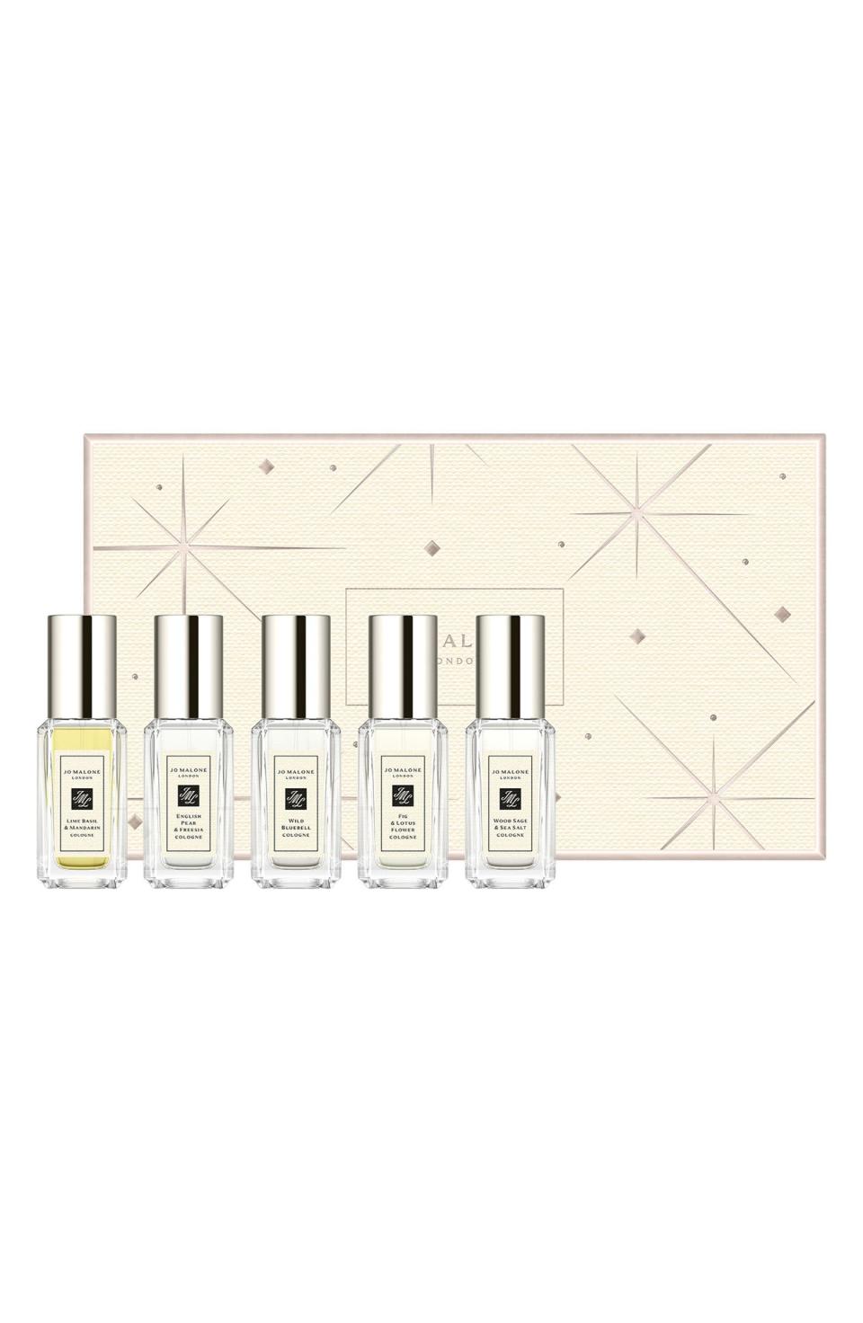 <h3>Jo Malone London Travel Size Cologne Set</h3><br><br>Classic and elegant, this Jo Malone London set includes: the signature Lime Basil & Mandarine, the fresh English Pear & Freesia, the floral-packed Wild Bluebell and Fig & Lotus Flower, and the musky Wood Sage & Sea Salt colognes. They're perfect for everyday wear by themselves or layered with each other.<br><br><em>Shop <strong><a href="https://www.nordstrom.com/" rel="nofollow noopener" target="_blank" data-ylk="slk:Nordstrom" class="link rapid-noclick-resp">Nordstrom</a></strong></em><br><br><strong>Jo Malone London</strong> Travel Size Cologne Set, $, available at <a href="https://go.skimresources.com/?id=30283X879131&url=https%3A%2F%2Fwww.nordstrom.com%2Fs%2Fjo-malone-london-travel-size-cologne-set%2F6493650" rel="nofollow noopener" target="_blank" data-ylk="slk:Nordstrom" class="link rapid-noclick-resp">Nordstrom</a>