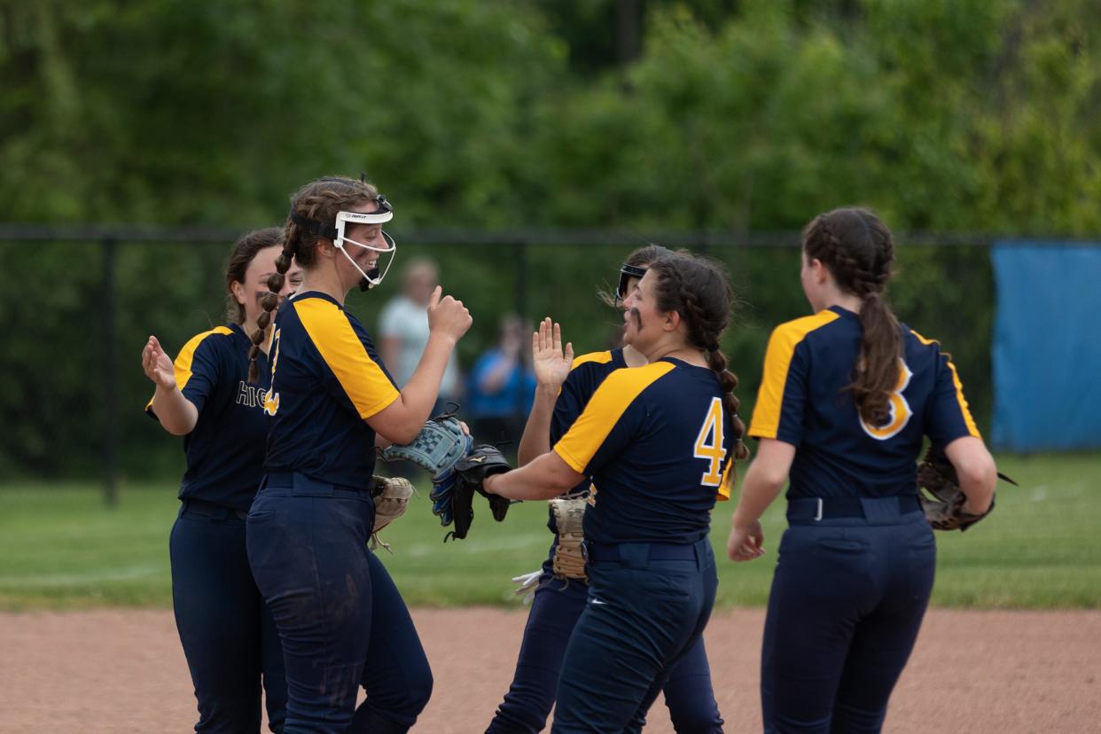 Highland players high five pitcher Alexa Pavese after striking out a Marlboro player at a Marlboro vs Highland softball game in Middletown, NY on May 27, 2022. ALLYSE PULLIAM/For the Times Herald-Record