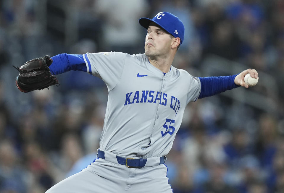 Kansas City Royals pitcher Cole Ragans (55) works against the Toronto Blue Jays during the first inning of a baseball game, Tuesday, April 30, 2024 in Toronto.(Nathan Denette/The Canadian Press via AP)