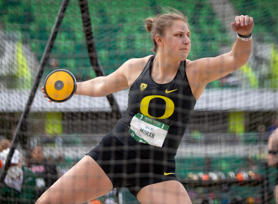 Oregon’s Shelby Moran winds up during the women’s discus during the Oregon Preview meet at Hayward Field in Eugene, Ore. Saturday, March 18, 2023.