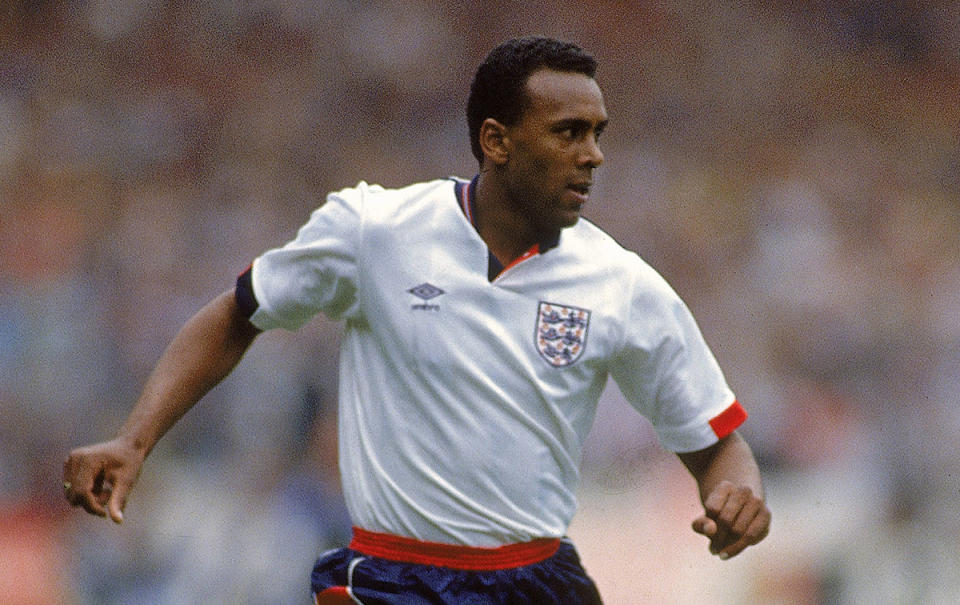 David Rocastle of England runs with the ball during the World Cup 1990 Qualifying match against Poland played at Wembley Stadium, in London. England won the match 3-0.