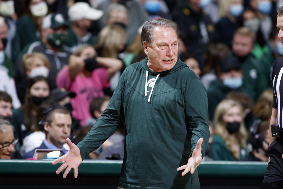 Michigan State coach Tom Izzo reacts during the second half of an NCAA college basketball game against High Point, Wednesday, Dec. 29, 2021, in East Lansing, Mich. Michigan State won 81-68. (AP Photo/Al Goldis)